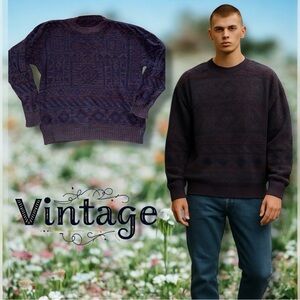 🍭 Vintage 80s Jantzen Blue & Maroon Floral Block Knit Sweater - Men's Large